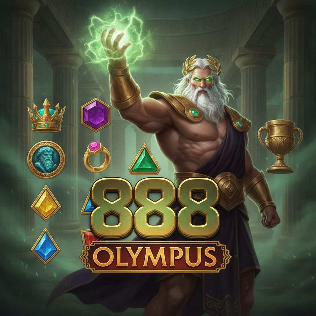 888 of Olympus Slot mit Zeus, goldener Krone, griechischen Edelsteinen und Olympus-Tempel im Hintergrund