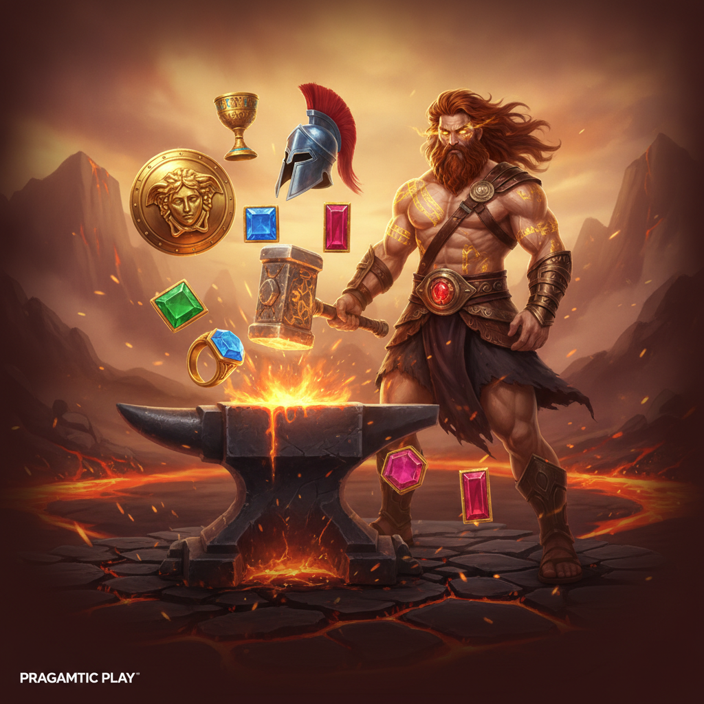 Forge of Olympus Slot mit Hephaestus am glühenden Amboss, Medusa-Schild, spartanischem Helm und funkelnden Edelsteinen vor vulkanischem Hintergrund