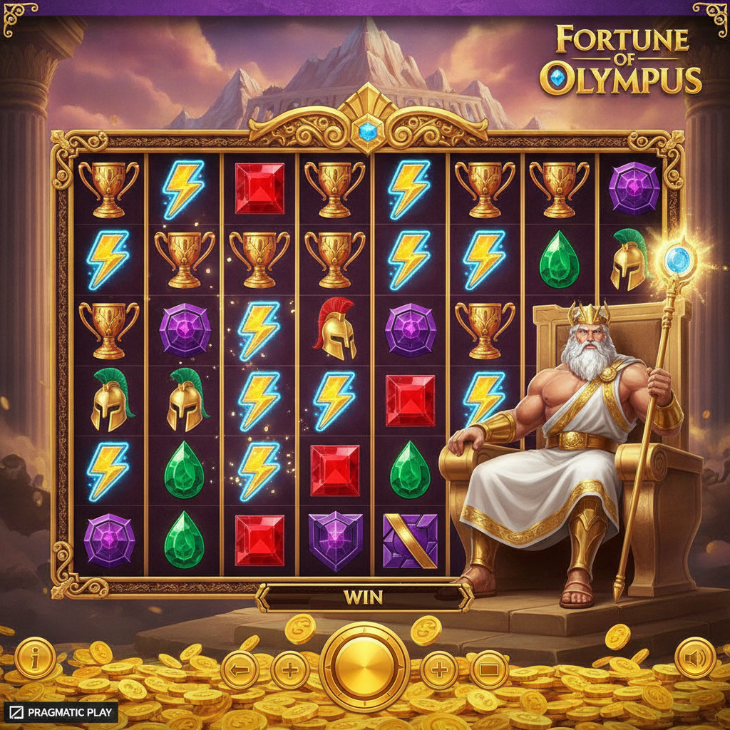 Fortune of Olympus Slot mit Zeus auf goldenem Thron, 7x7 Raster, Blitz-Symbole, goldene Trophäen und griechische Edelsteine auf Mount Olympus Hintergrund