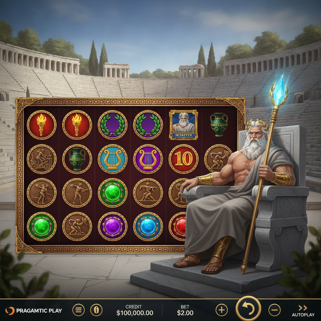 Games in Olympus Spielautomat mit Zeus auf Marmorthron, griechisches Amphitheater, olympische Fackel und Siegeskranz Symbole auf 6x5 Spielfeld