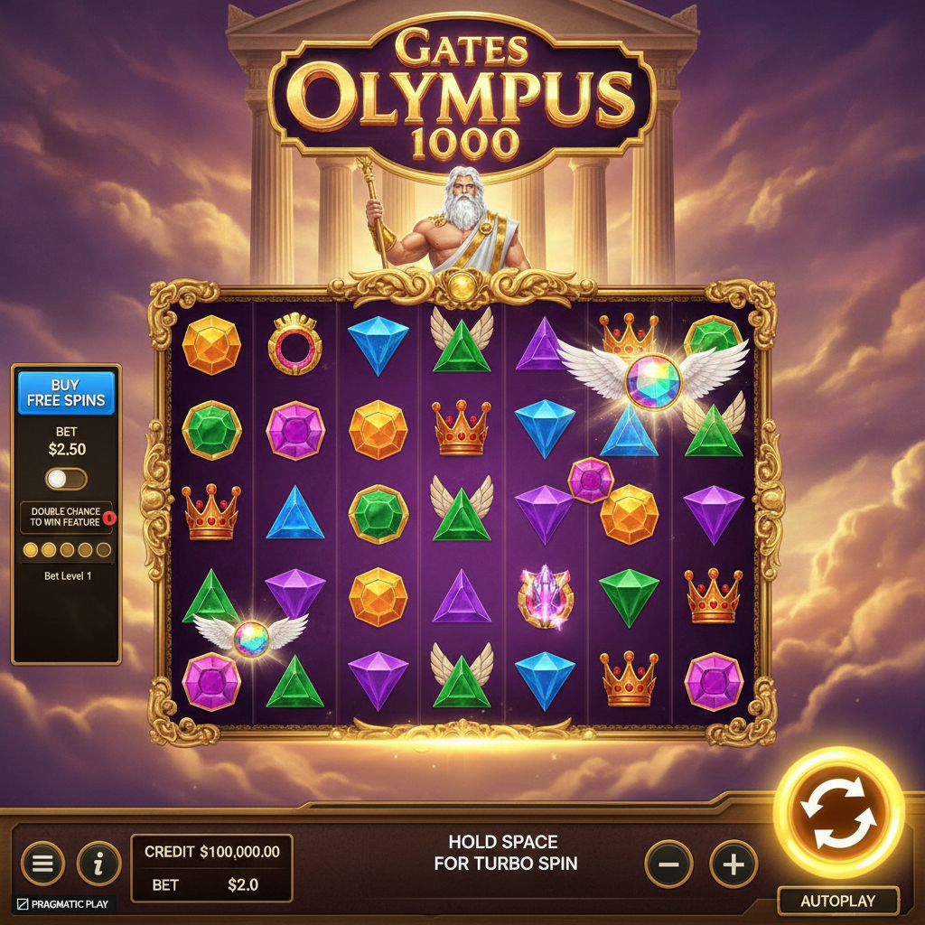 Gates of Olympus 1000 Slot mit Zeus, goldenem Olymp-Tempel, leuchtenden Edelstein-Symbolen und göttlichen Multiplikatoren