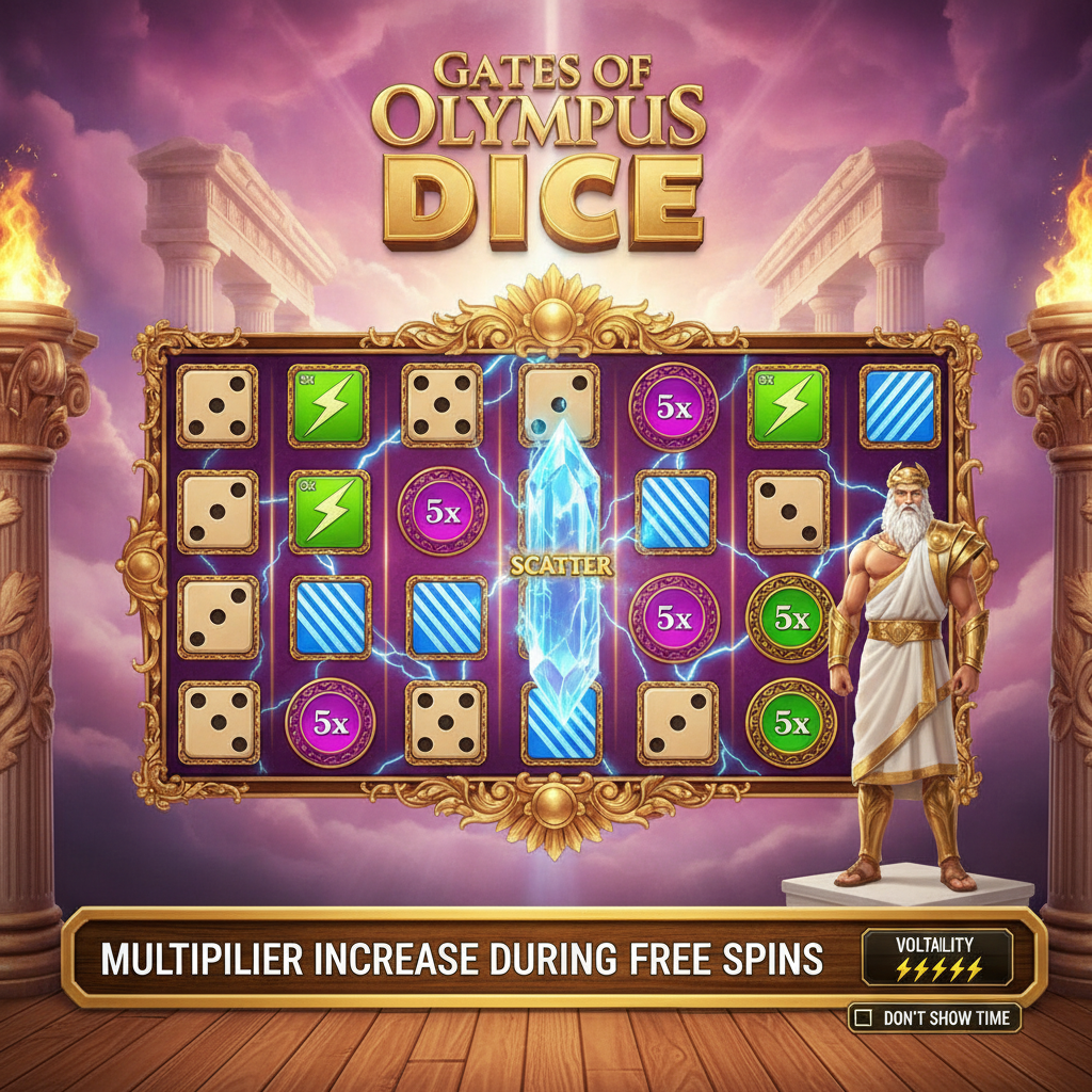 Gates of Olympus Dice Slot mit Zeus, goldenem Tempelrahmen, Würfeln mit schwarzen Punkten, grünen und blauen Blitz-Multiplikatoren auf violettem 6x5-Raster
