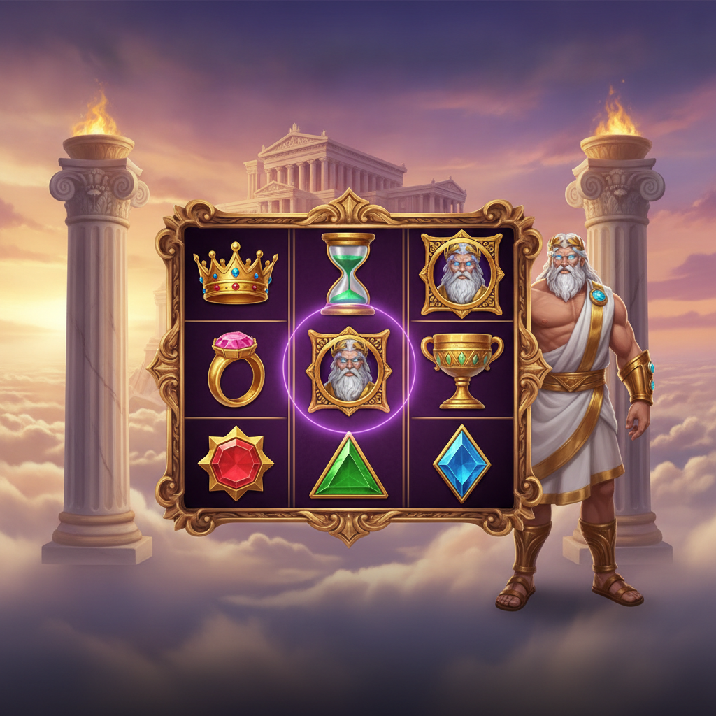 Gates of Olympus Pachi Slot mit Zeus Charakter, goldenem Kronen-Symbol, griechischem Tempel und violetten 3x3 Walzen über Wolken bei Sonnenuntergang