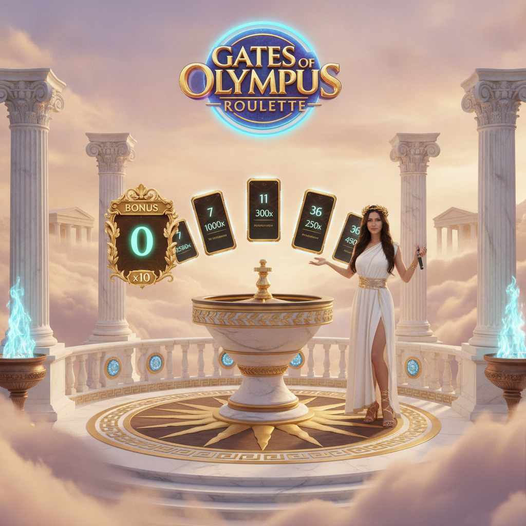 Gates of Olympus Roulette – Zeus in griechischem Tempel mit goldenem Roulette-Rad, Marmorsäulen, wolkenbedecktem Olymp und leuchtenden Bonuszahlen