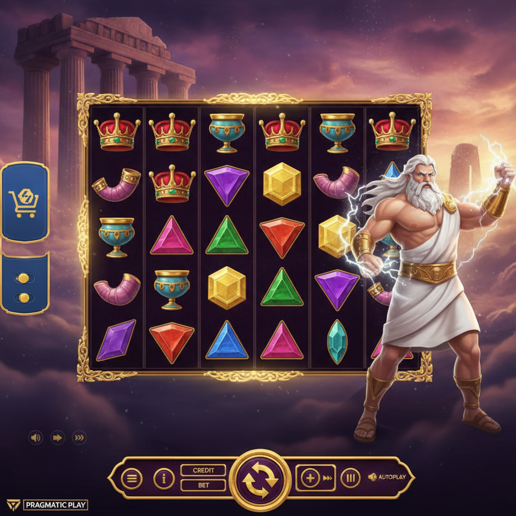 Gates of Olympus Slot mit Zeus, griechischen Säulen, purpurnen Wolken, goldenen Kronenund Edelstein-Symbolen auf 6x5 Walzen