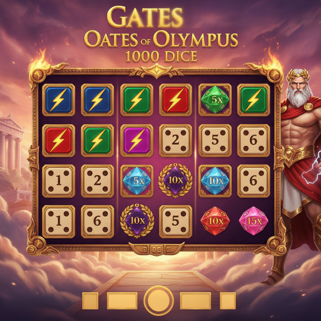 Gates of Olympus 1000 Dice Slot mit Zeus, goldenem Rahmen, 6x5 Spielfeld, Würfelsymbolen und Blitz-Multiplikatoren vor Olymp-Tempel bei Sonnenuntergang