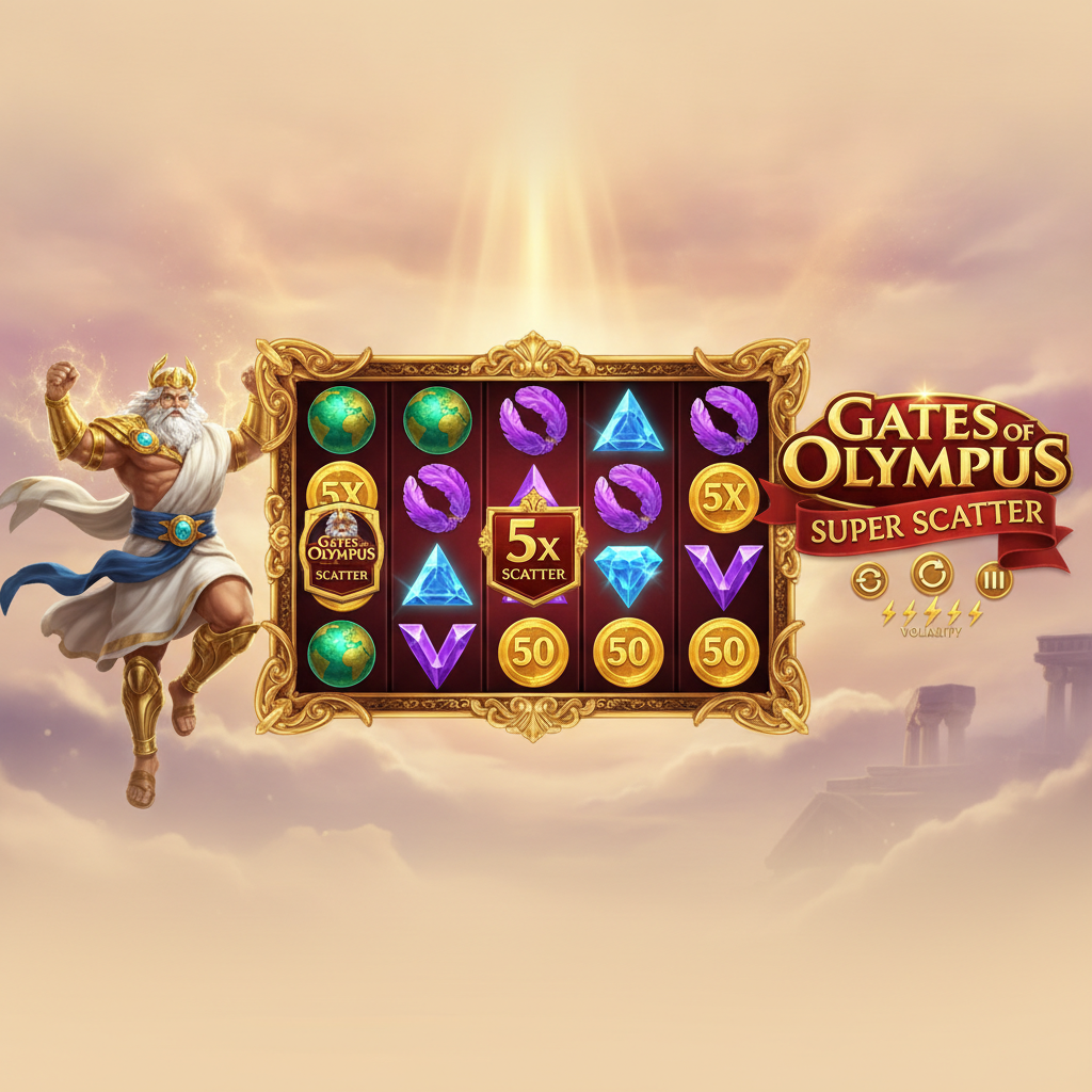 Gates of Olympus SUPER SCATTER Slot mit Zeus in goldener Rüstung, 6x5 Walzen mit Edelstein-Symbolen und SCATTER-Features vor himmlischem Wolkenhintergrund