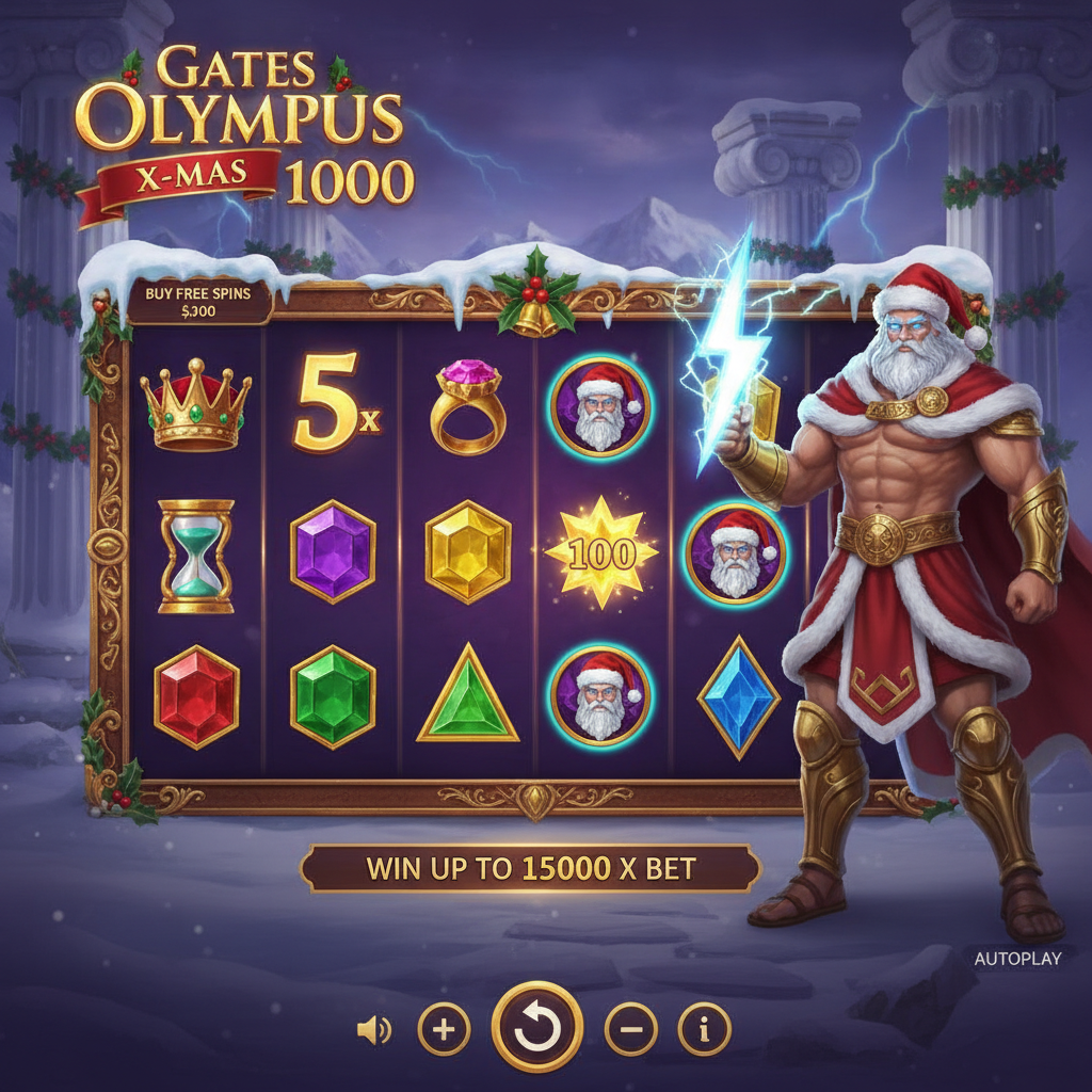 Gates of Olympus X-Mas 1000 Spielautomat mit Zeus als Weihnachtsmann vor schneebedecktem griechischem Tempel, goldenem Raster und funkelnden Multiplikatoren