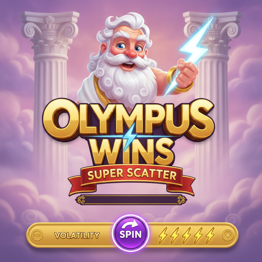 Olympus Wins Super Scatter Slot mit Zeus, goldenen Blitzen, violetten Wolken und griechischen Säulen