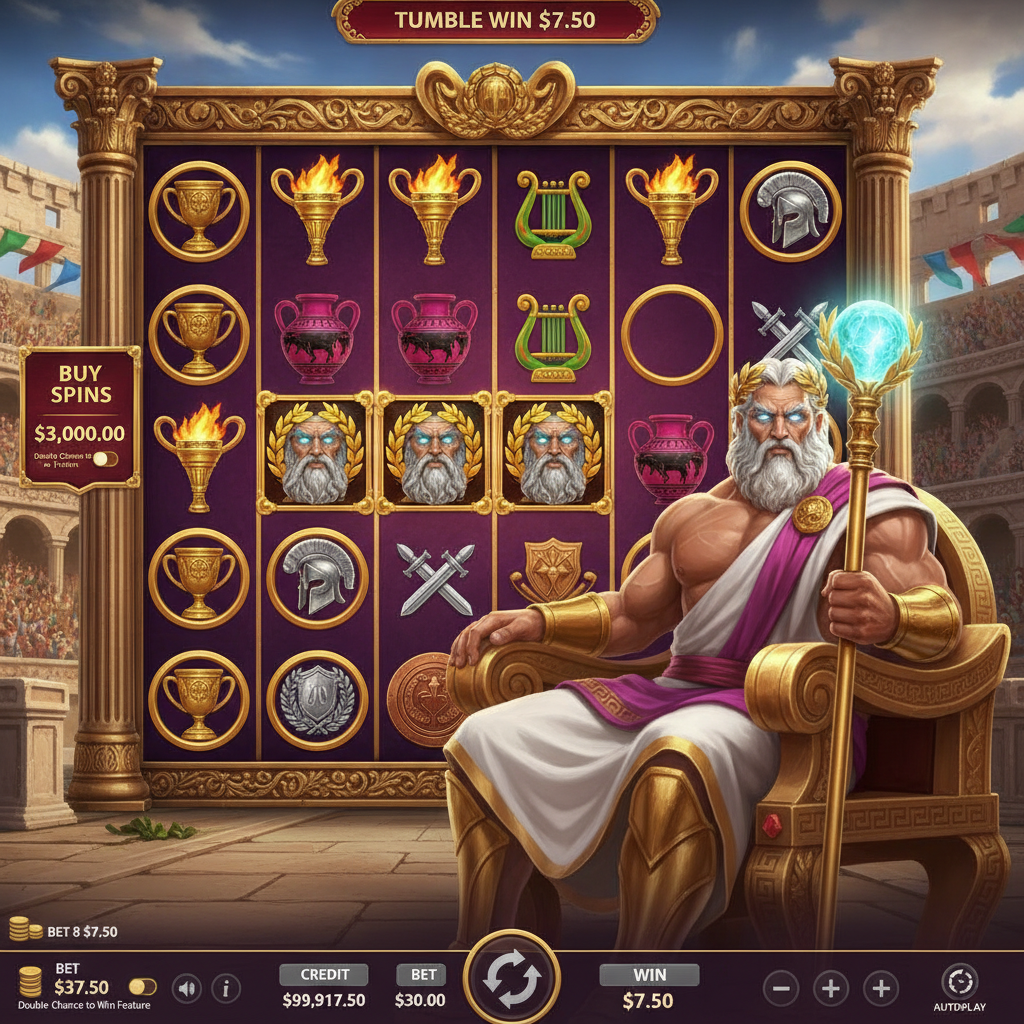 Games in Olympus 1000 Slot mit Zeus auf goldenem Thron, antikes Kolosseum, olympische Fackeln und Scatter-Symbole